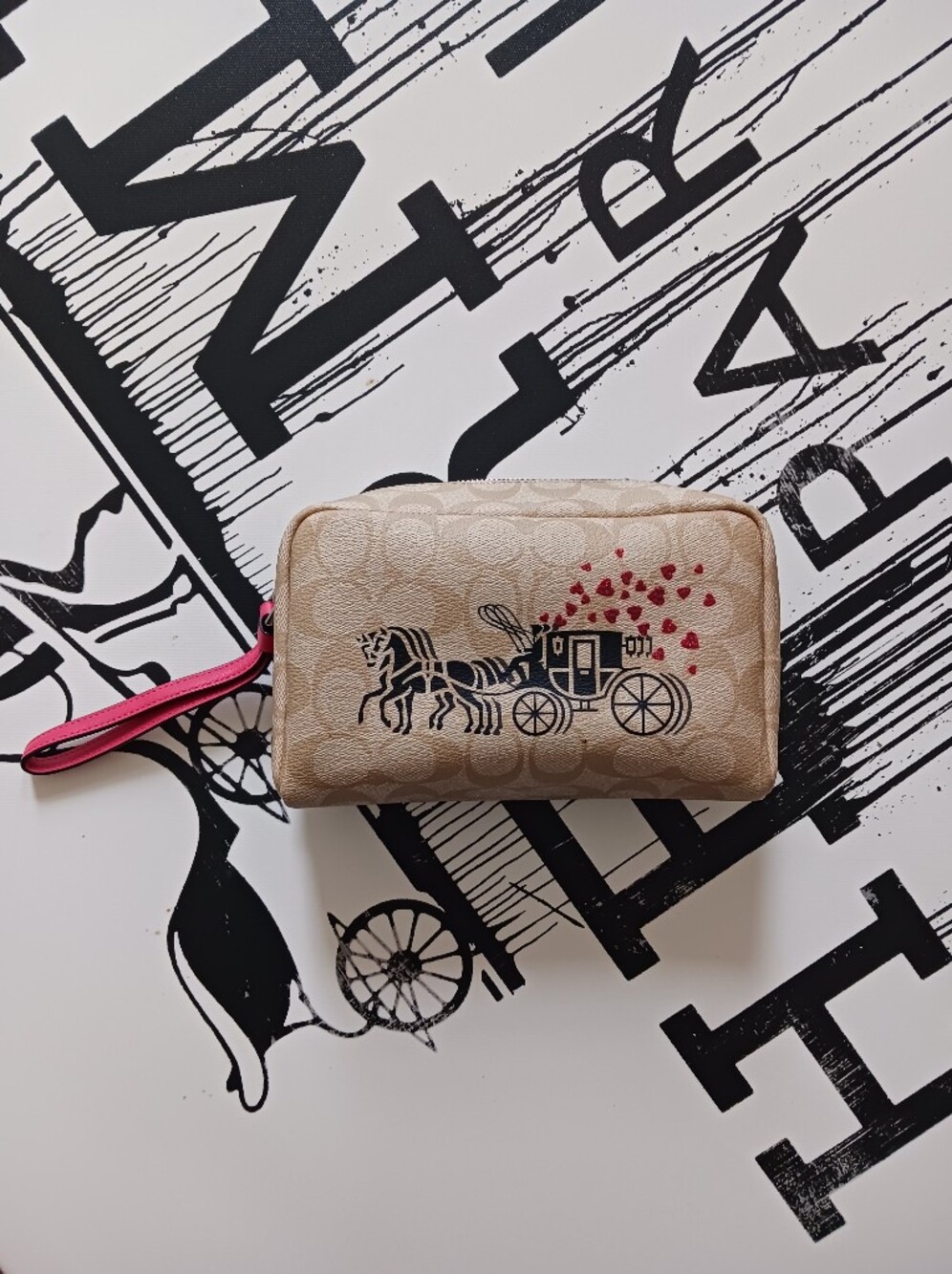 Coach Boxy Beige Signature Carriage Wristlet with Pink Strap and Red Heart